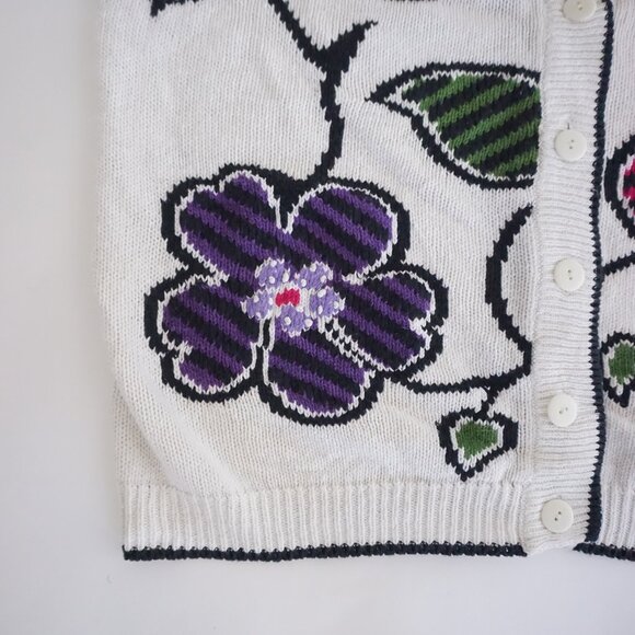 Vintage Herman Geist White Cotton Cardigan Floral Embroidered Grandmacore M - Picture 8 of 11